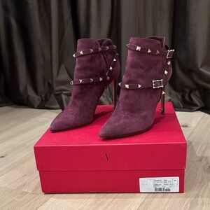Valentino Burgundy Suede Studded Heeled Boots